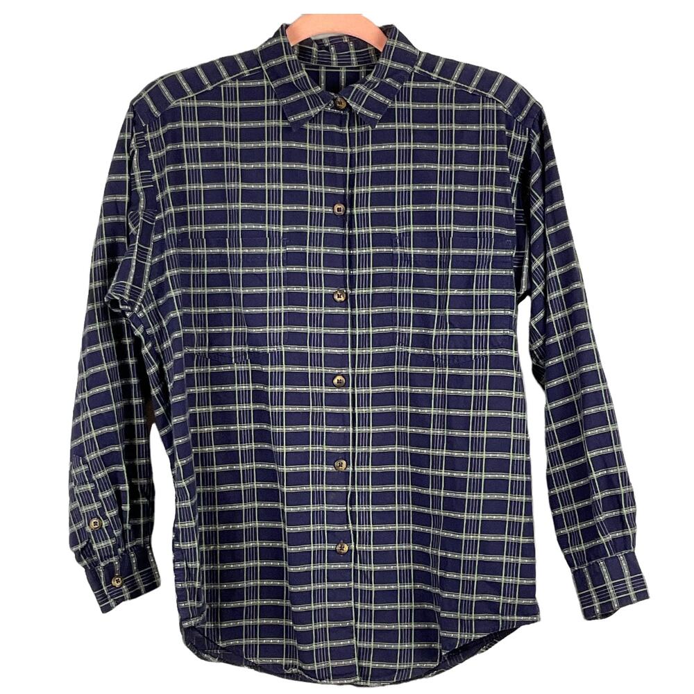 Patagonia Organic Cotton Women's Navy Blue Plaid Button Up Top Shirt sx XS